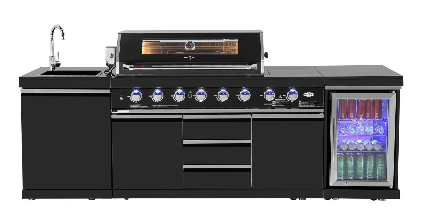 Kingsley 6-Burner Outdoor BBQ Kitchen: Black Stainless Steel, Stone Bench, Fridge, Sink, Height Adjustable, Rotisserie with BBQ Cover