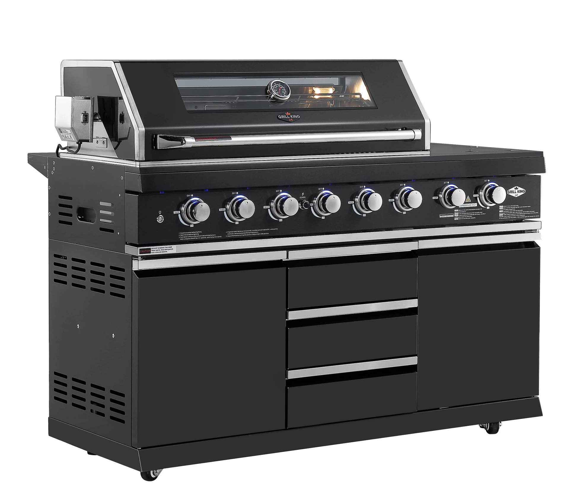 Kingsley 6-Burner Outdoor BBQ Kitchen: Black Stainless Steel, Stone Bench, Fridge, Sink, Height Adjustable, Rotisserie with BBQ Cover