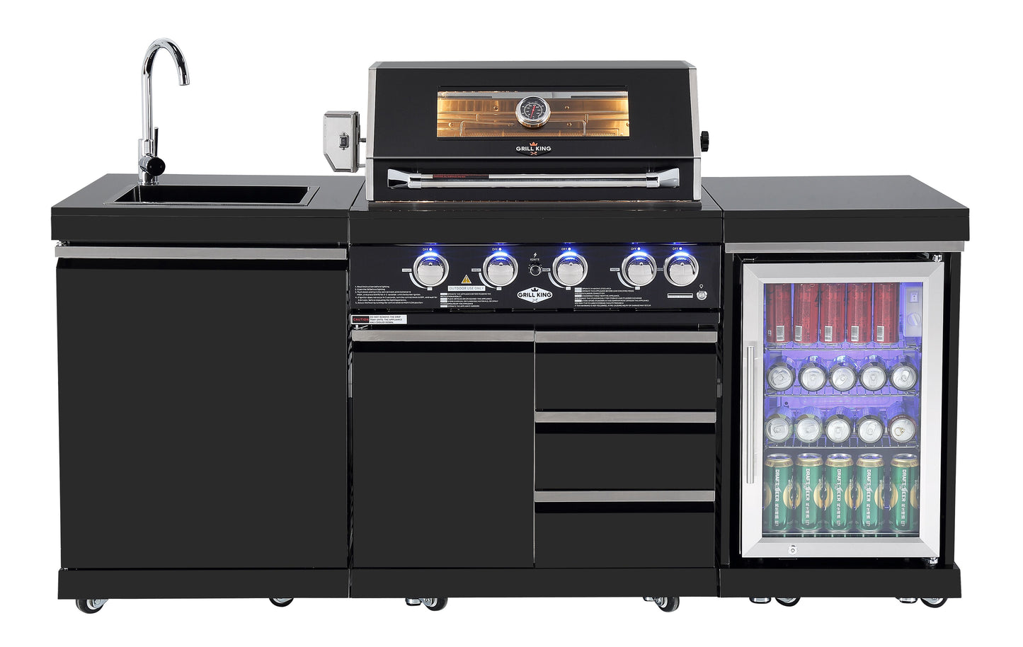 Black Stainless Steel Non Wok BBQ Kitchen: Stone Bench, Fridge, Sink, Height Adjustable, Rotisserie with BBQ Cover