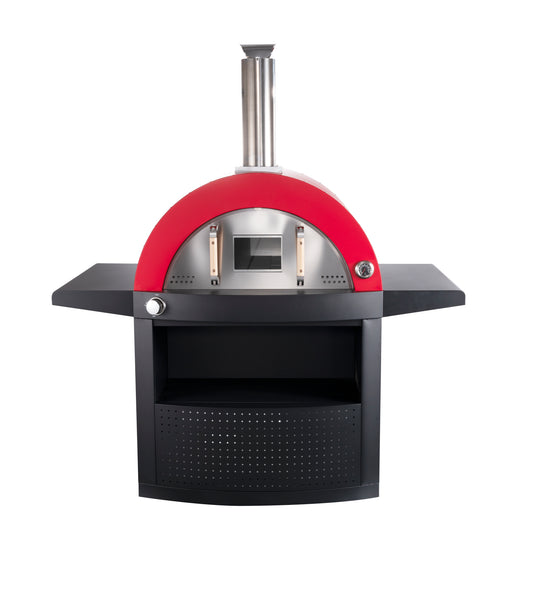 Grill King Hybird Gas & Wood-fire 30” Pizza Oven, Heavy Duty Black Stainless Steel, Side & Front Bench