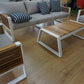 Morlaix 4 Piece Hampton Style Designer Outdoor Lounge Set: White Aluminium, Acacia Wood, Table & Cushions