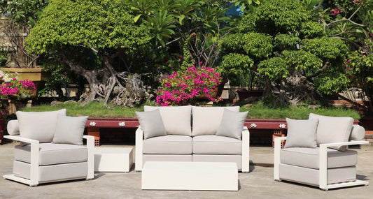Executive 5 Piece Sofa Set: White Hampton Style with Industrial Aluminium Frame and Element-Resistant Fabric