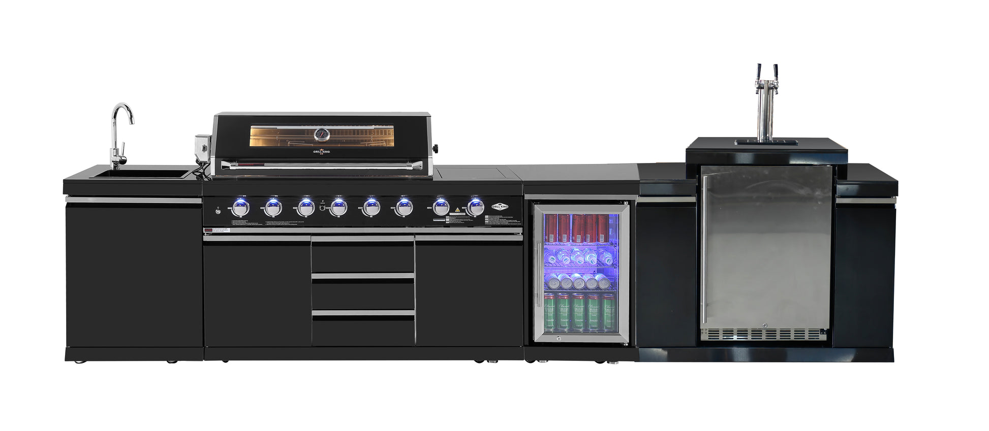 Kingsley 6-Burner Outdoor BBQ Kitchen + 118L Kegerator : Black Stainless Steel, Stone Bench, Fridge, Sink, Height Adjustable, Rotisserie with BBQ Cover