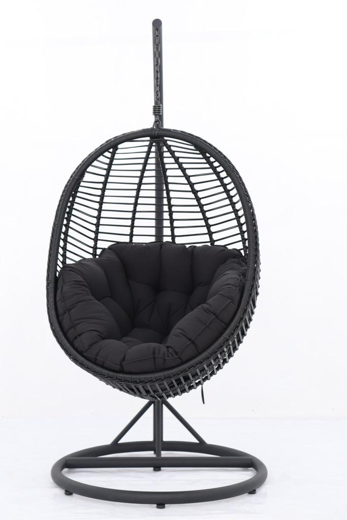 ARI Outdoor Hanging Egg Chair Black - Outdoor Patio Hanging Egg Chair with Cushion and Metal Stand. Frame: steel, powder coated. Round Wicker woven