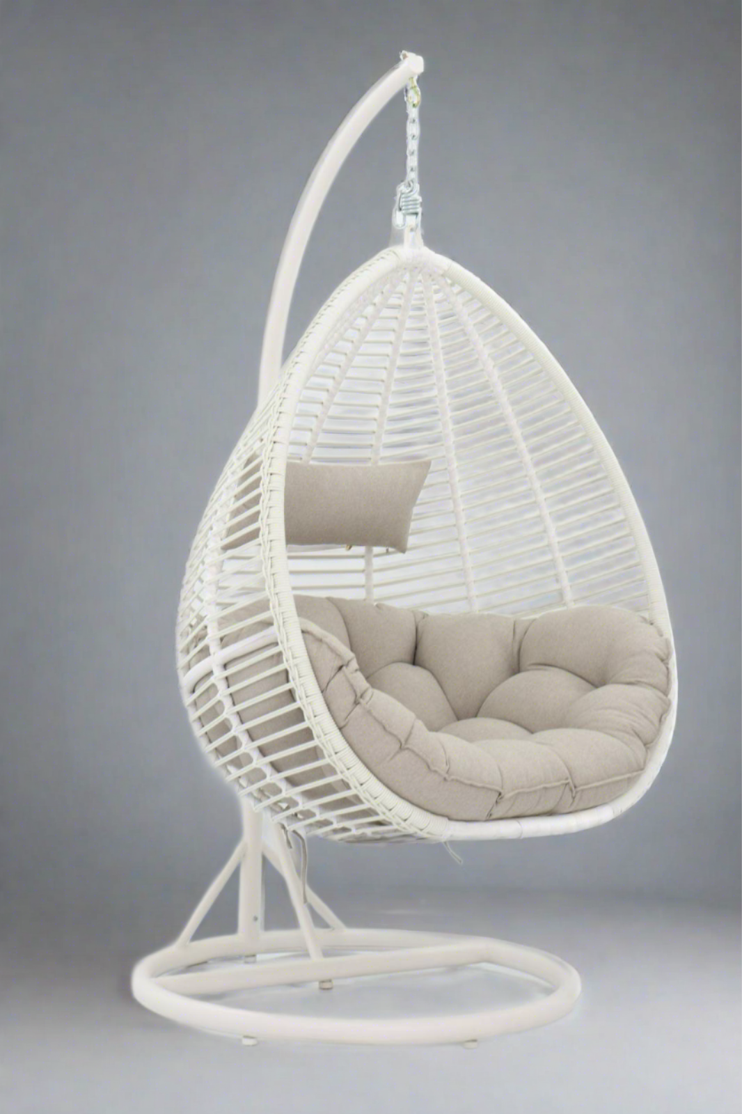 ARI Outdoor Hanging Egg Chair White - Outdoor Patio Hanging Egg Chair with Cushion and Metal Stand. Frame: steel, powder coated. Round Wicker woven