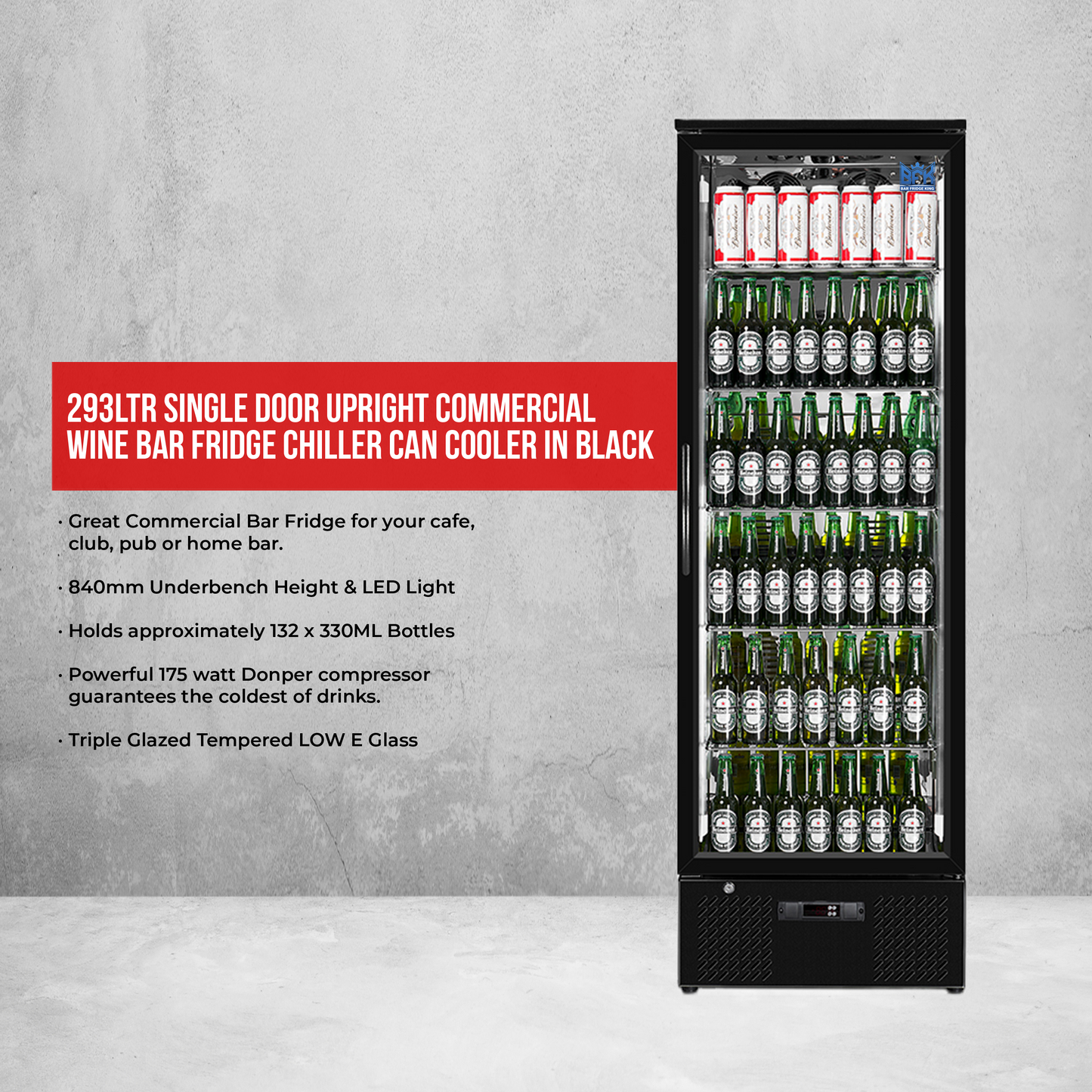 293Ltr Single Door Upright Commercial Wine Bar Fridge Chiller Can Cooler in Black