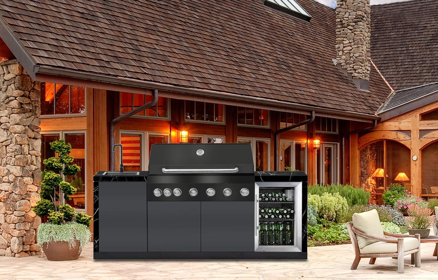 Rockpool Black 6B Outdoor Kitchen BBQ Package, Fridge, Sink, Rear infrared burner